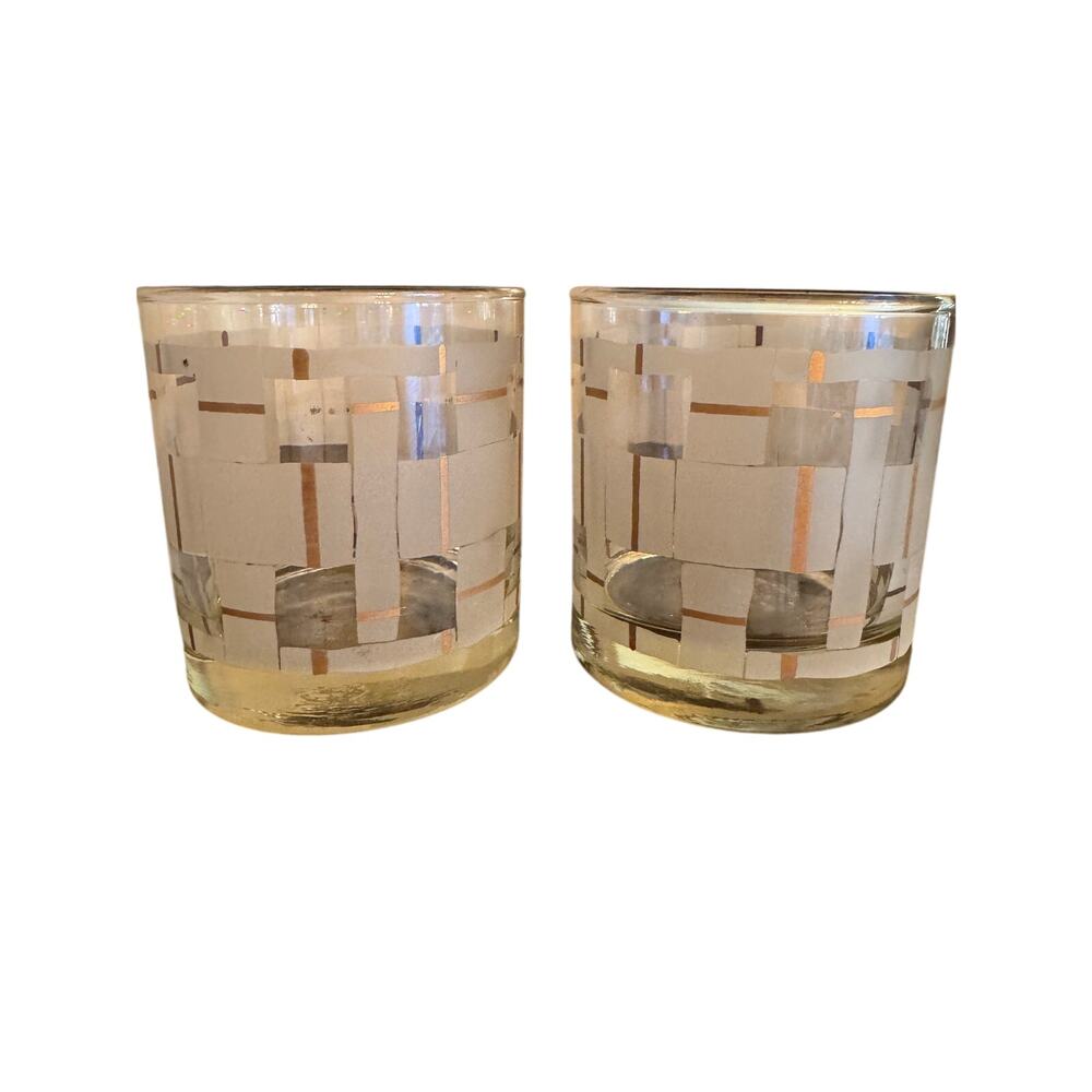 Vintage Libbey M Petti Golden Plaid Rocks Glass MCM Frosted Gold Checkerboard